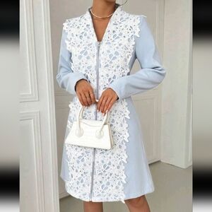 V-Neck Water-Soluble Lace Trim Fitted Long Sleeve Elegant Ladies Coat